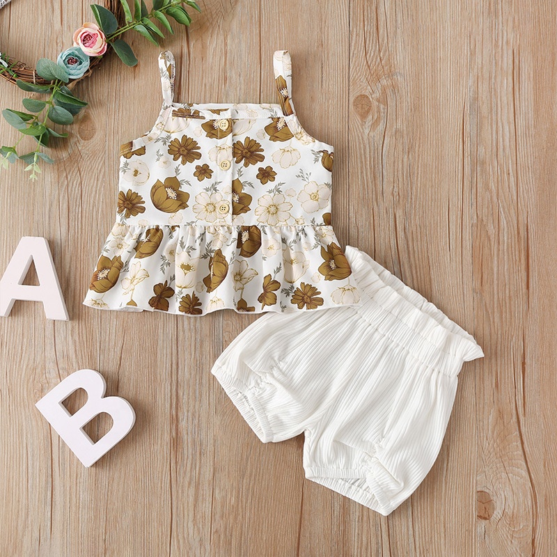 Kid Newborn Toddler Baby Girl Summer Floral Outfit Clothes Knitted Ruffles Sleeveless T-Shirt Shorts Pants Cute Clothing