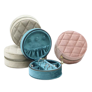 Round Quilted Velvet Jewelry <b>Box</b>, Zippered Portable Organizer for Rings, <b>Earrings</b> & Small Jewelry - Product Image 3