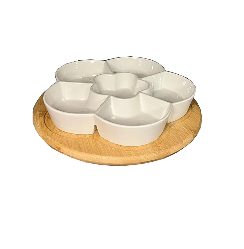 Rotating Lazy Susan Serving Tray with Ceramic Appetizer Sectional Dish for Chips and Dip, Nuts, Fruit, Veggie