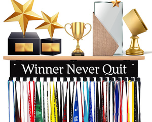 Premium Trophy and <strong>Medal</strong> Display <strong>Shelf</strong>, Metal Trophy <strong>Shelf</strong> with Hooks Upgraded, Bamboo Trophy Board Display - Winner Never Quit - Product Image 1