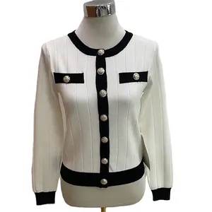 Wholesale Autumn Winter Black White Button Color Block Knitwear Jacket Women Cardigan Custom Clothing Manufacturers