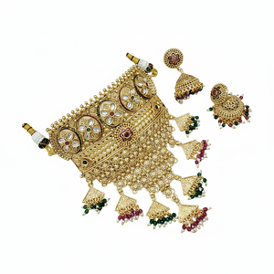 Ethnic Traditional Temple Design Bridal Engagement Wedding Anniversary Party Flower Zircon <b>Gold</b> Plated Choker <b>Set</b> Jhumka - Product Image 2