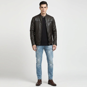 Chaqueta de Motociclista de Cuero Genuino para Hombre Finer Threads, Transpirable, de Color Sólido, con Cuello Alto, Estilo Vintage - Product Image 1