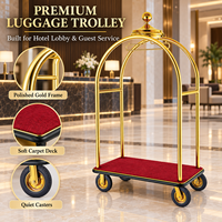 Hotel-Gepäckwagen mit Kronendesign aus Edelstahl, Roter Teppich-Plattform, 8-Zoll Geräuschlose Laufrollen, Bellman-Concierge-Service