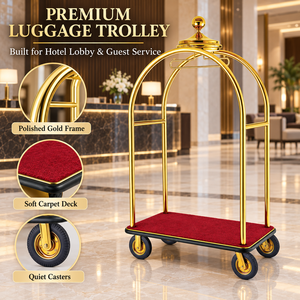 Carrello Portabagagli per Hotel Design Corona in Acciaio Inossidabile con Piattaforma per Tappeto Rosso e Ruote Silenziose da 8 Pollici per Servizio Bellman e Concierge - Product Image 1