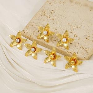 ZOGXIN Gold Flower <b>Stud</b> <b>Earrings</b> With Pearl And Zircon For Women Everyday Wear - Product Image 2