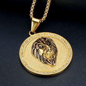 Collier pendentif tête de lion Hip Hop en acier inoxydable plaqué or pour homme, bijou de fête, motif animal du zodiaque, serti pavé - Product Image 3