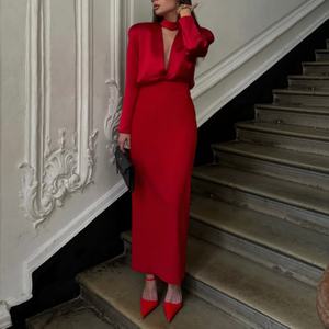 Nuevo Diseño, Vestido de Cena Personalizado de Alta Calidad, Vestido Largo Elegante de Lino y Algodón con Escote Profundo en V y Manga Larga para Mujer - Product Image 1