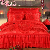 Parure de lit de luxe rouge pour mariage, 10 pièces, broderie en dentelle princesse, couvre-lit de mariée rouge rose avec oreiller cœur et oreiller cylindrique