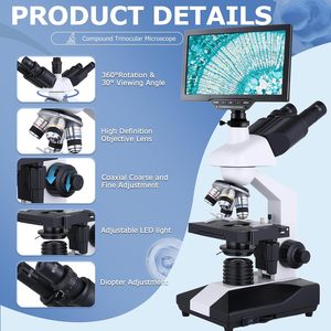 Microscopio Composto Trinoculare ad Alta Potenza 40X-5000X Ingrandimento, Schermo HD da <span class=keywords><strong>7</strong></span> Pollici con Supporto per Display Esterno, Base Meccanica a Doppio Stadio - Product Image 2
