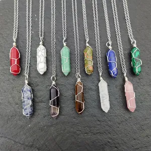 Colar banhado a ouro prata, colar envoltório de cristal de bala, malachita, turquesa, rosa, quartzo, pingente hexagonal, joias