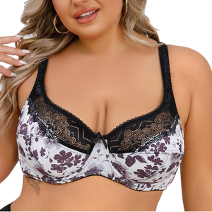 Sujetador ultrafino de nailon con aros y lazo, ajustable, de encaje francés de lujo, talla grande 95D, con encaje estampado. - Product Image 1