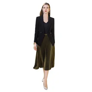 high end quality factory supplying silk pleated satin skirt uniform suit elegant blazer midi women skirts suit