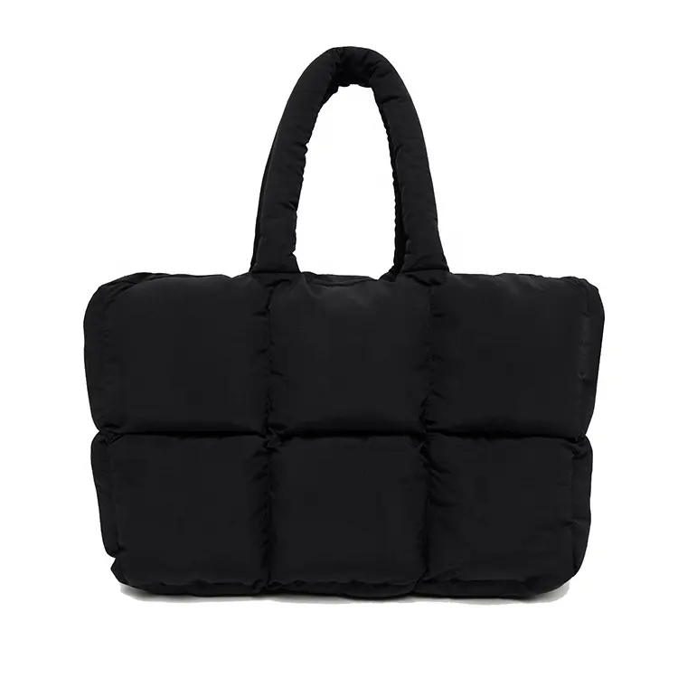 Toptan BSCI özel kış kare yastıklı Tote çanta baskılı Logo siyah şişirilmiş çanta tasarımcısı kapitone yastık Tote çanta