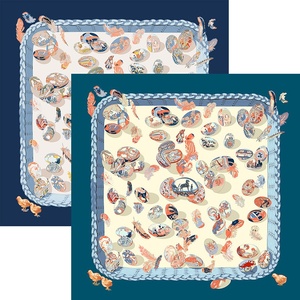Écharpe carrée en soie bleue pour femme, imprimé œuf de Pâques, motif panier festif, pour cadeaux - Product Image 1