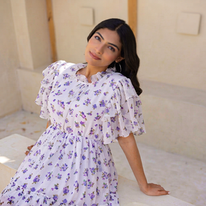Robe midi en mousseline à imprimé floral, col en V, manches volantées, coupe trapèze ample, style bohème décontracté pour femme, pièce élégante pour l'été - Product Image 1
