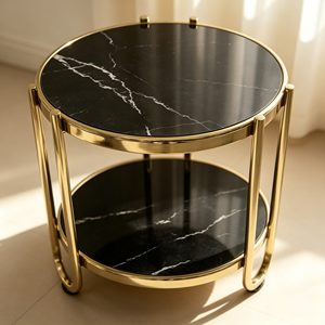 Table d'appoint ronde de luxe à 2 niveaux, plateau en pierre frittée noire, structure en métal doré, pour la maison, le salon, l'hôtel, table d'appoint de canapé - Product Image 5