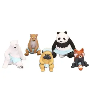 5只沐浴动物手部动作北极熊熊猫狗浣熊玩具小雕像