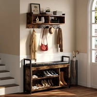Armoire murale rustique en bois brun avec étagère, banc à chaussures, 7 crochets, étagère à 3 niveaux et compartiments, gain de place, meubles pour le salon, l'entrée