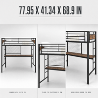 Lit superposé avec bureau et panneau grillagé, surface imitation bois, structure en acier pour chambre d'enfant, espace d'étude, adolescents