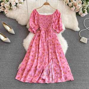 <b>Summer</b> New French Style Gentle Sweet Square Neck Puff <b>Short</b> Sleeve Waist-Cinching Slimming Slit A-Line <b>Dress</b> - Product Image 5