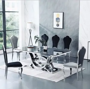 Modern mobilya yemek dikdörtgen yemek masası seti krom bacaklar siyah cam üst ziyafet masa ev otel için
