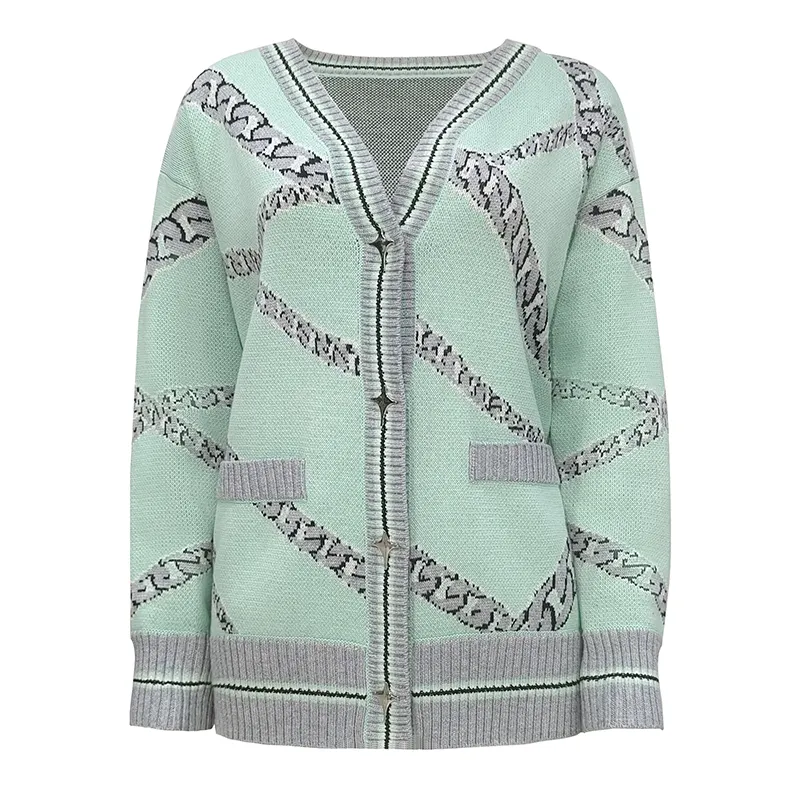 Suéter de malha de malha de lã para mulheres, roupas de malha de malha com padrão jacquard de manga longa personalizada OEM e ODM