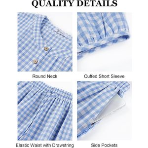 Pijamas de gingham para mujer, conjunto de 2 piezas, top Henley de manga corta, pantalones de pierna ancha, ropa de dormir suave tejida, ropa informal para estar en casa. - Product Image 6