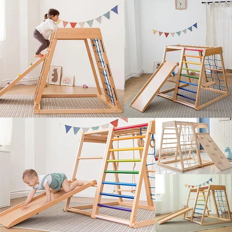 Houten Regenboog Klimrek Indoor Speeltuin Voor Kinderen Activiteit Klimmer Ladder Schommel Glijbaan Speelstructuur Set