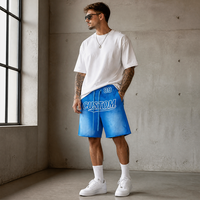 Pantalones Cortos RAMAX Azules con Lavado Ácido para Hombre, Algodón Pesado, Diseño Gráfico Vintage, Logotipo Personalizado, Ropa Urbana, Venta al por Mayor, Proveedor de Fábrica