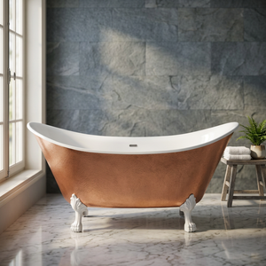 Bañera Ovalada Independiente de Hierro Fundido con Patas de Gato, Blanca y Cobre, de Lujo, Moderna, para Adultos, Sin Tapa - Artesanía India - Product Image 1