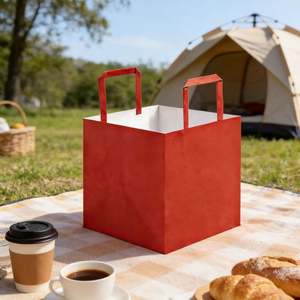 Custom <b>Red</b> Thick Kraft <b>Paper</b> Bags with square Base and Flat Handle Design, Ideal for Bouquet Packaging and Gift Shopping. - Product Image 3