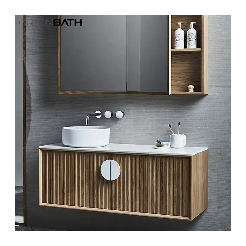 Ortonbath Moderne Muur Mount Kunst Keramische Gootsteen Badkamer Hout Ijdelheid Kast Kunststeen Badkamermeubilair Met Spiegel