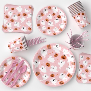 <span class=keywords><strong>Assiettes</strong></span> en papier fantôme rose pour fêtes d'Halloween et du Día <span class=keywords><strong>de</strong></span> Muertos, articles <span class=keywords><strong>de</strong></span> fête <span class=keywords><strong>jetables</strong></span> à thème citrouille étrange - Product Image 6