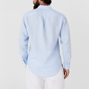 Usine directe Cool respirant <span class=keywords><strong>bleu</strong></span> <span class=keywords><strong>ciel</strong></span> hommes <span class=keywords><strong>chemise</strong></span> en <span class=keywords><strong>lin</strong></span> décontracté popeline Style simple boutonnage été voyage extérieur uni teint - Product Image 5