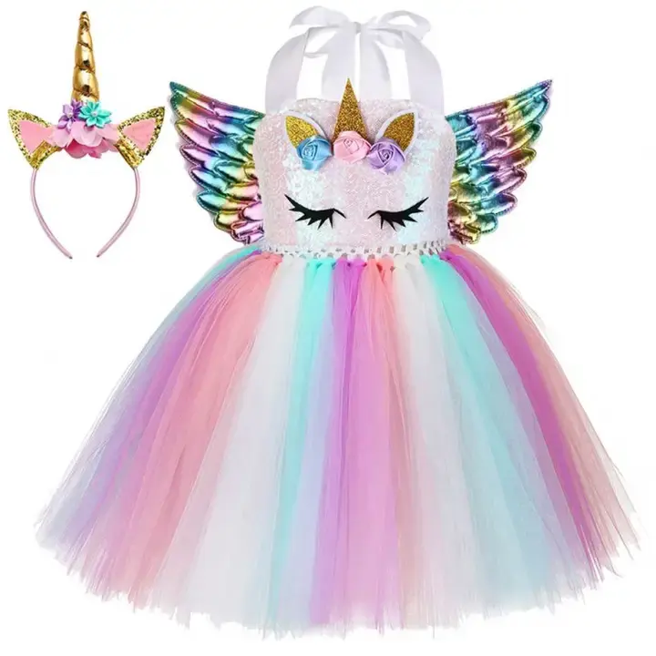 Handmade Sequin Unicorn Dress for Girls with Headband and Wings Kids Girl Birthday Party Dresses 2-12years