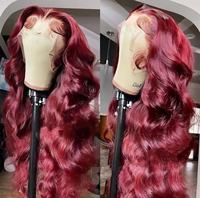 Perruques frontales en dentelle HD 13x6, densité 200%, couleur bordeaux 99j, 30-40 pouces, en cheveux humains Remy, ondulés profonds, pré-épilées, transparentes, couleur rouge