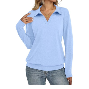 T-shirts décontractés en maille respirante à manches longues pour femmes, style professionnel, col en V, ourlet à bande, motif imprimé, logo - Product Image 2