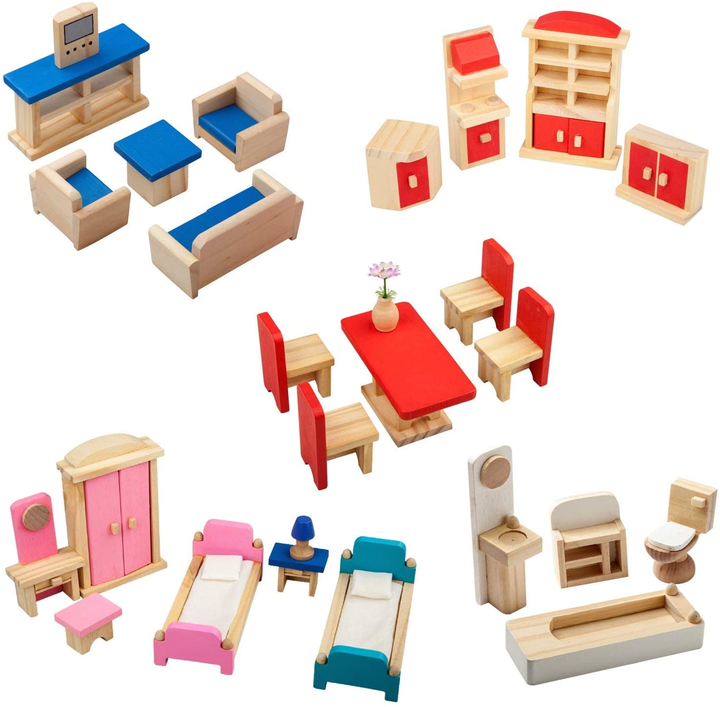 2020 Amazon hot sale 35 pcs lovely wooden miniature dollhouse pretend play wooden doll house furniture sets toy for kids