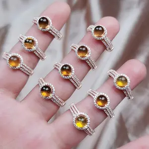 Beautiful gold plated diamond gemstone 925 sterling silver adjustable eternity natural amber jewelry ring