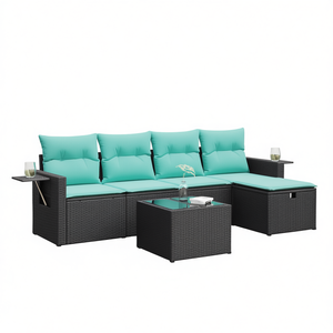 6 Piece Black Poly Rattan Patio <b>Sofa</b> Set With Cushions <b>Outdoor</b> Garden Furniture Contemporary Design Waterproof - Product Image 1