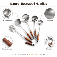 Ensemble de 6 ustensiles de cuisine en acier inoxydable 304 avec manche en bois de rose, finition satinée, spatule, louchette, écumoire, trou de suspension