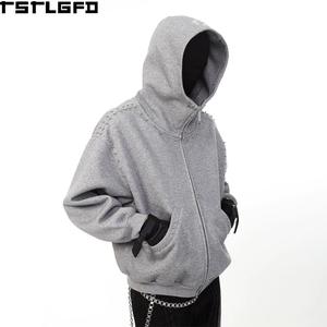 Sudadera con capucha y cremallera OEM/ODM, gris jaspeado, con remaches metálicos, cuello alto, corte holgado, estilo urbano, venta al por mayor - Product Image 1
