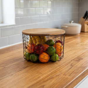 Panier de rangement rond en métal avec couvercle pour cuisine, conteneur alimentaire, design minimaliste, en fil de fer, à un seul niveau - Product Image 5