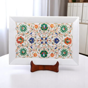 Plateau décoratif en marbre blanc poli de 10 \ "avec incrustation multicolore - Product Image 4