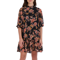 Oem Mini robe personnalisée décontractée de haute qualité en mousseline de soie à col en O et demi-manches et imprimé floral et volants pour femmes
