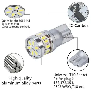 W5w светодиодные T10 Светодиодные лампы Canbus 18SMD 3014 для парковочных огней автомобиля, внутренняя карта, Купольные огни 12 В, белый, янтарный, синий, красный