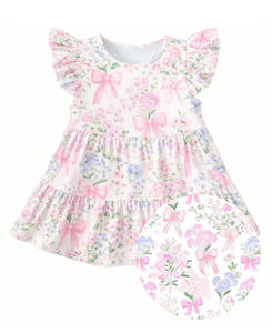 Vestido de Verano para Niña GSD3571, Personalizado, Color Rosa, con Estampado de Flores y Lazos, Manga Corta, Largo hasta la Rodilla, Transpirable, Venta al por Mayor - Product Image 1