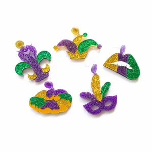 트렌디 한 반짝이 퍼플 그린 골드 Mardi Gras Crawfish 입술 마스크와 Jester 모자 아크릴 스터드 귀걸이