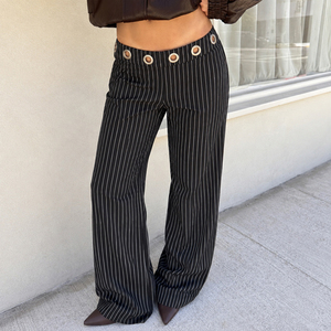 Womens Streetwear Striped Color Block Straight Leg <b>Pants</b> Elastic Waist Metal Eyelet Detail Casual High Street <b>Summer</b> <b>Pants</b> - Product Image 3